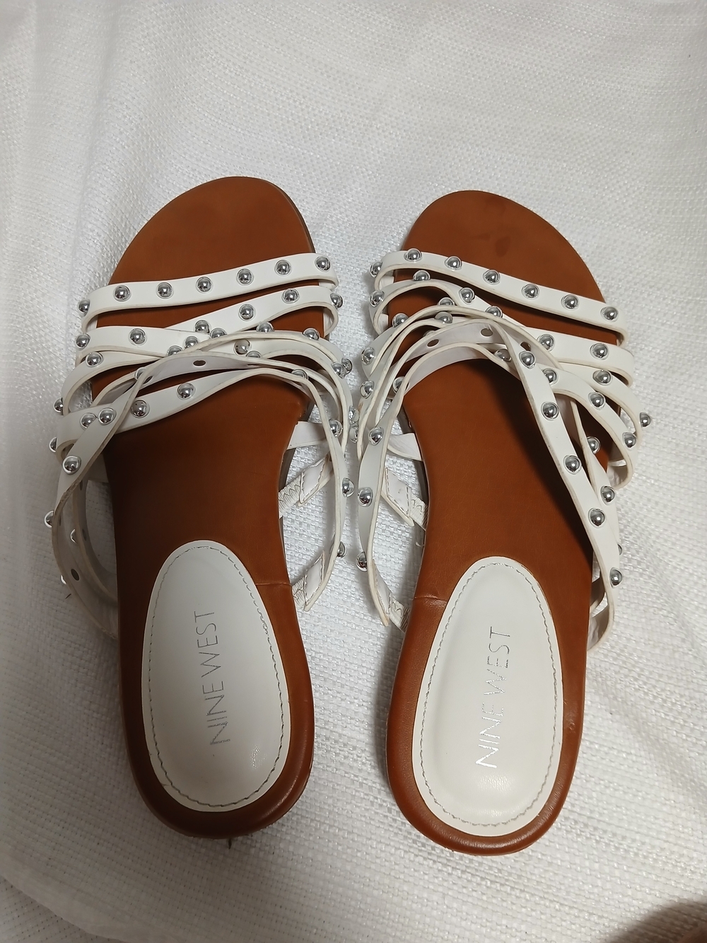 Nine West White Studded Strappy Slide Sandals